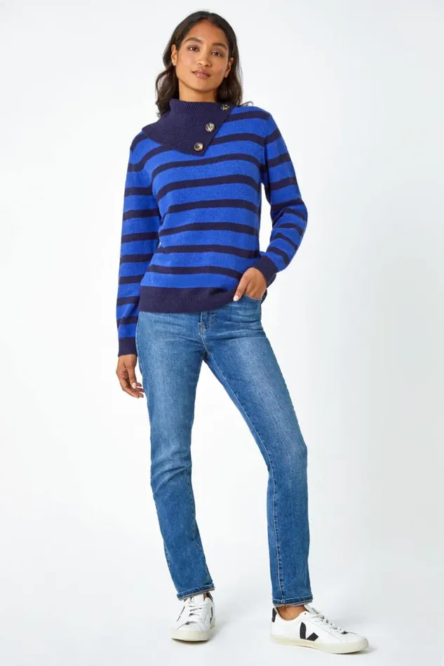 Royal Blue Stripe Cowl Neck Button Jumper Women Roman Knitwear