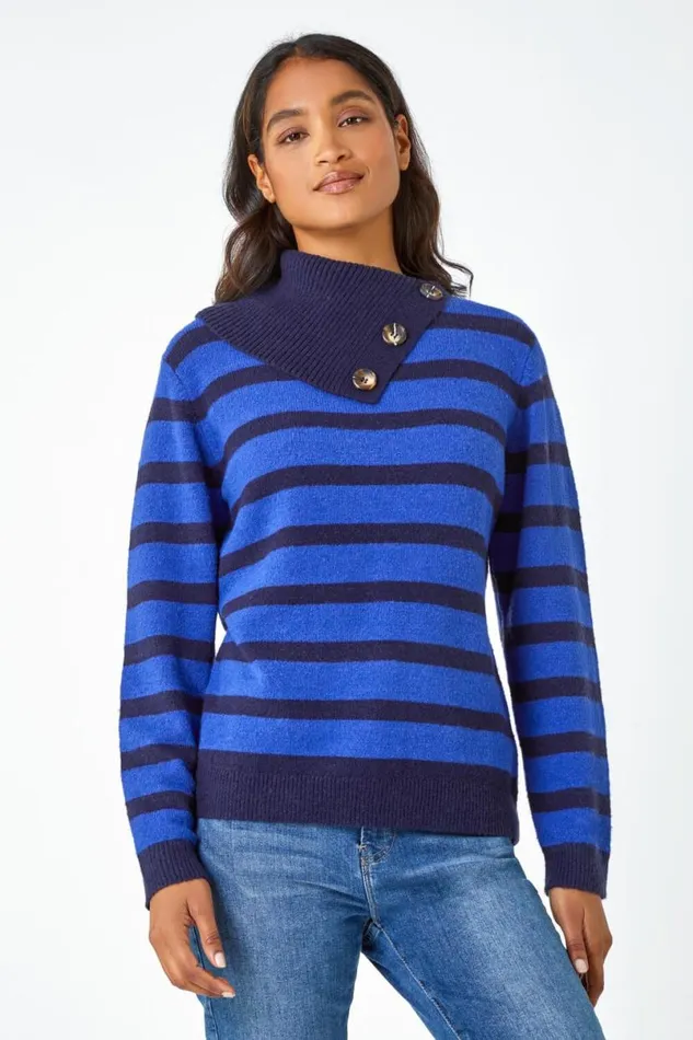 Royal Blue Stripe Cowl Neck Button Jumper Women Roman Knitwear