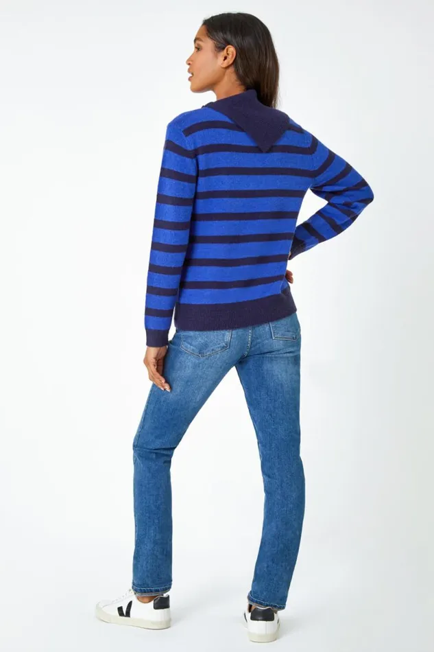 Royal Blue Stripe Cowl Neck Button Jumper Women Roman Knitwear
