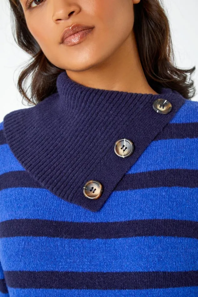 Royal Blue Stripe Cowl Neck Button Jumper Women Roman Knitwear