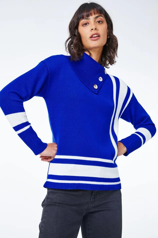 Royal Blue Textured Knit Button Detail Stripe Jumper Women Roman Knitwear