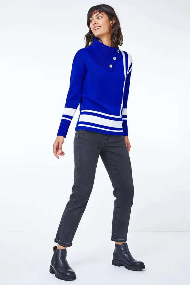 Royal Blue Textured Knit Button Detail Stripe Jumper Women Roman Knitwear