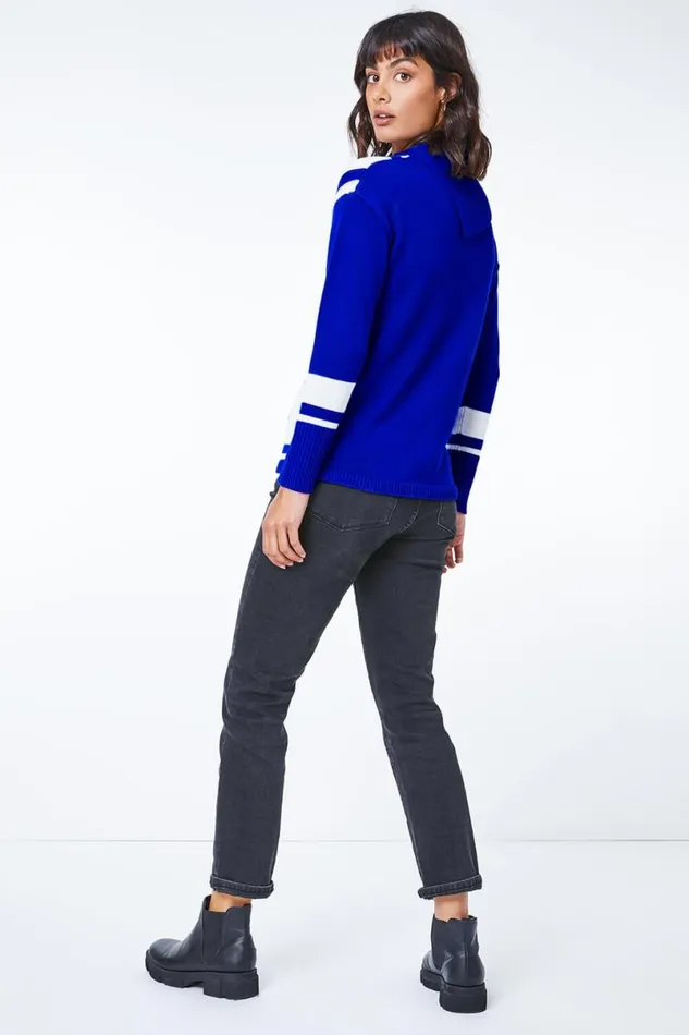 Royal Blue Textured Knit Button Detail Stripe Jumper Women Roman Knitwear
