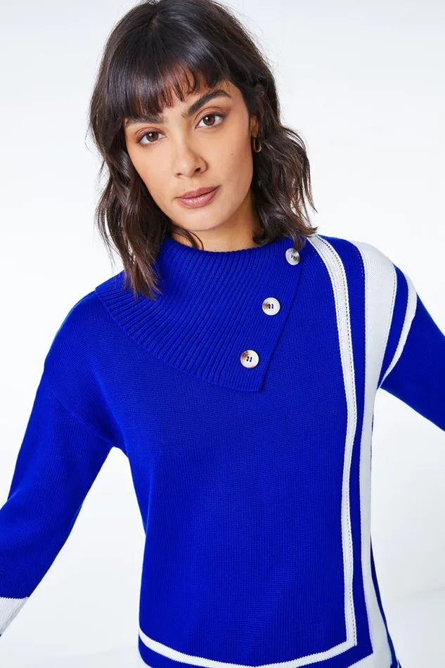 Royal Blue Textured Knit Button Detail Stripe Jumper Women Roman Knitwear