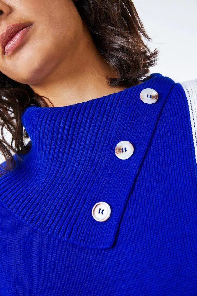 Royal Blue Textured Knit Button Detail Stripe Jumper Women Roman Knitwear