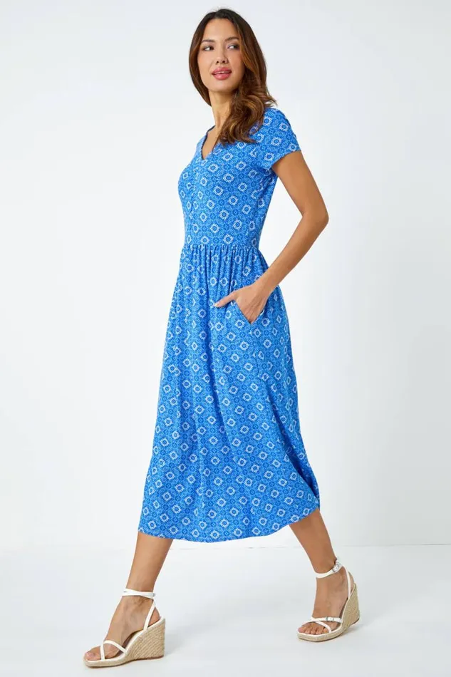 Royal Blue Tile Print Midi Stretch Dress Women Roman Dresses