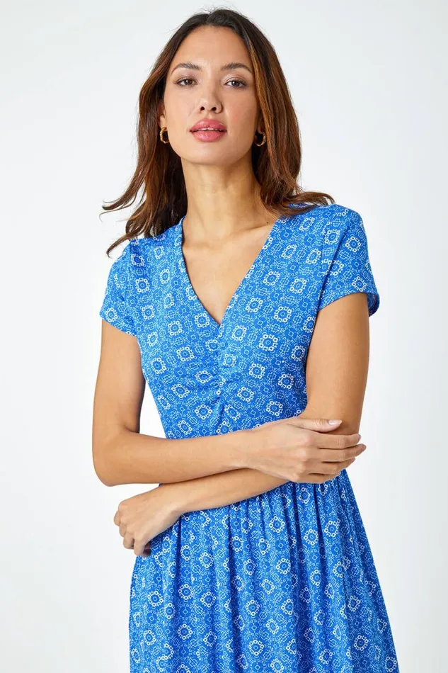 Royal Blue Tile Print Midi Stretch Dress Women Roman Dresses
