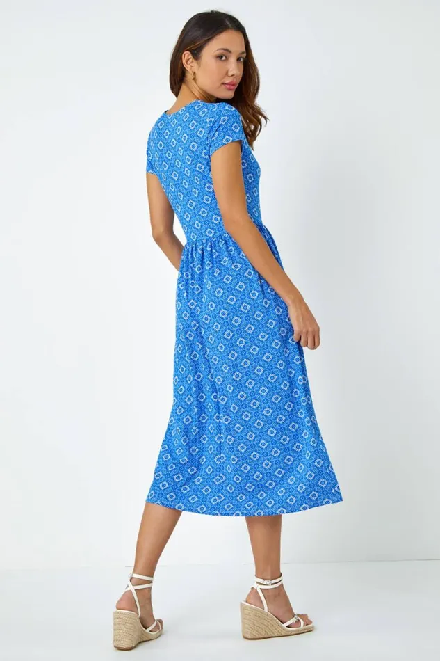 Royal Blue Tile Print Midi Stretch Dress Women Roman Dresses