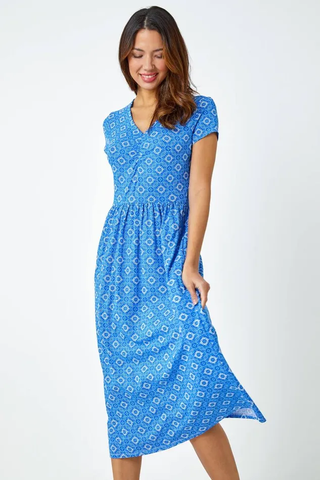 Royal Blue Tile Print Midi Stretch Dress Women Roman Dresses