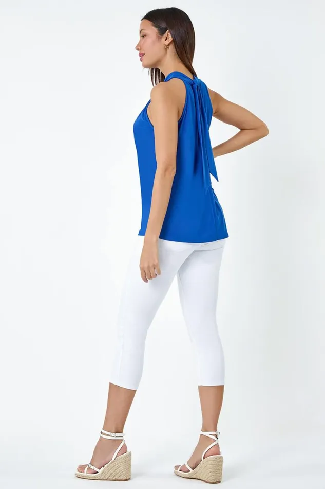 Royal Blue Twist Neck Tie Back Stretch Top Women Roman Tops