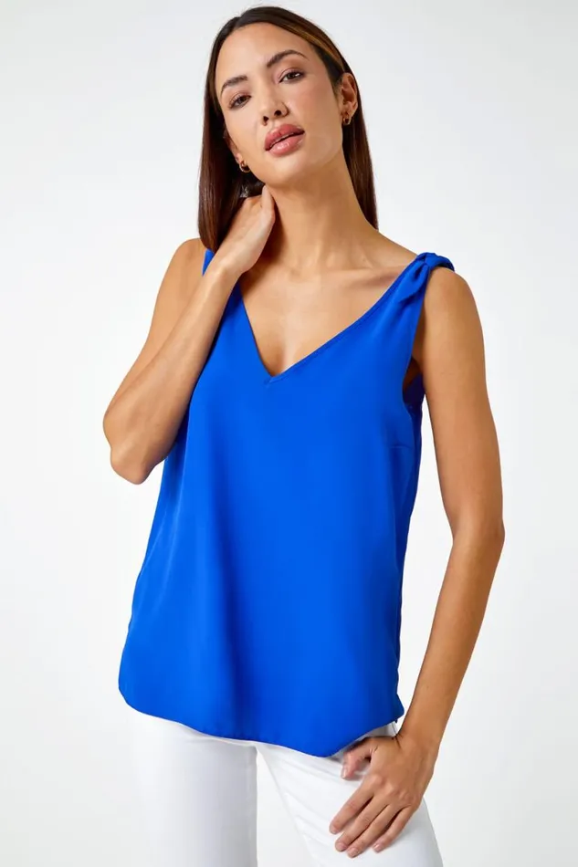 Royal Blue VNeck Detail Strap ChiffonTie Cami Top Women Roman Tops