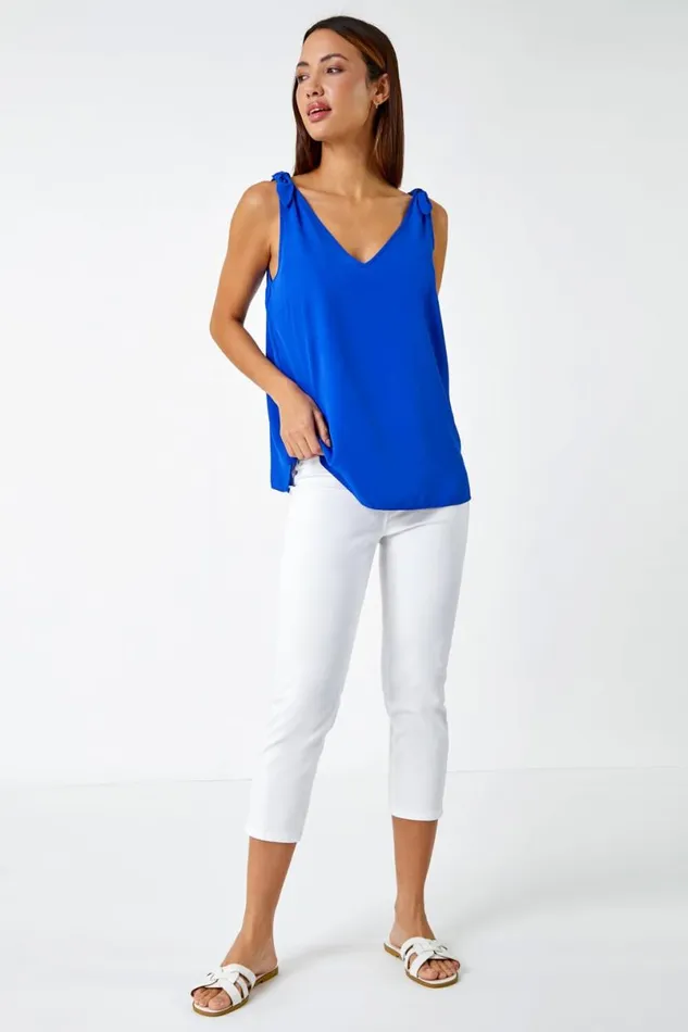 Royal Blue VNeck Detail Strap ChiffonTie Cami Top Women Roman Tops
