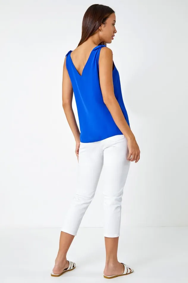 Royal Blue VNeck Detail Strap ChiffonTie Cami Top Women Roman Tops
