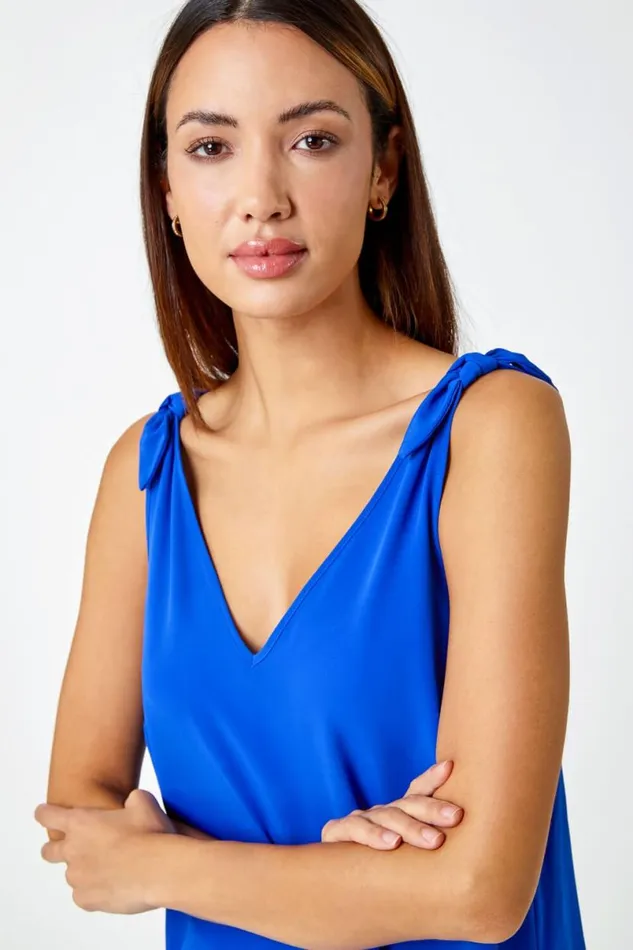 Royal Blue VNeck Detail Strap ChiffonTie Cami Top Women Roman Tops