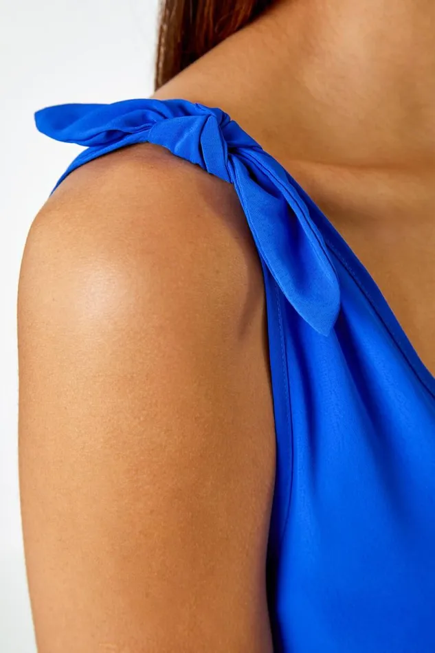 Royal Blue VNeck Detail Strap ChiffonTie Cami Top Women Roman Tops