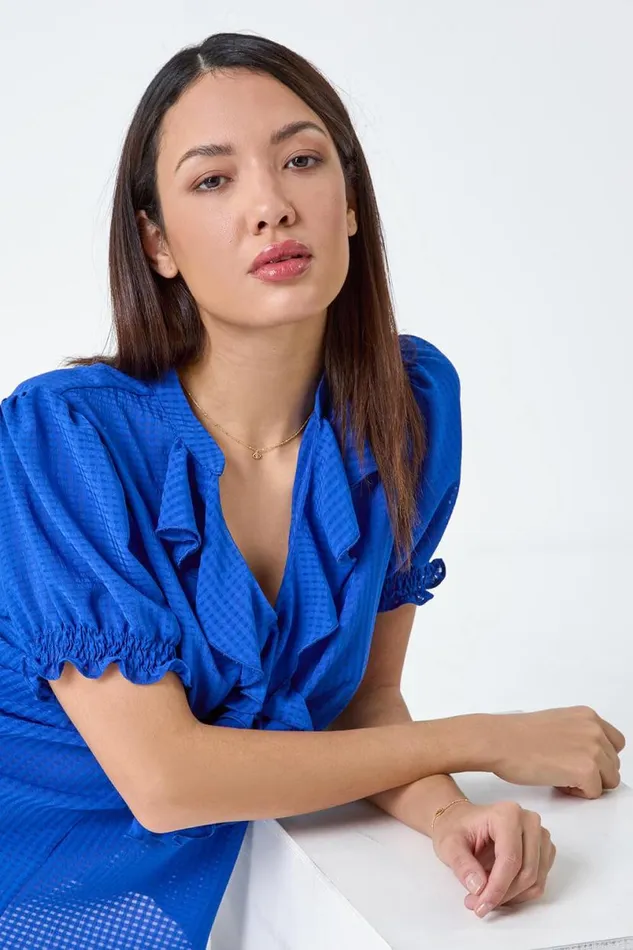 Royal Blue Waffle Textured VNeck Frill Detail Top Women Roman Tops