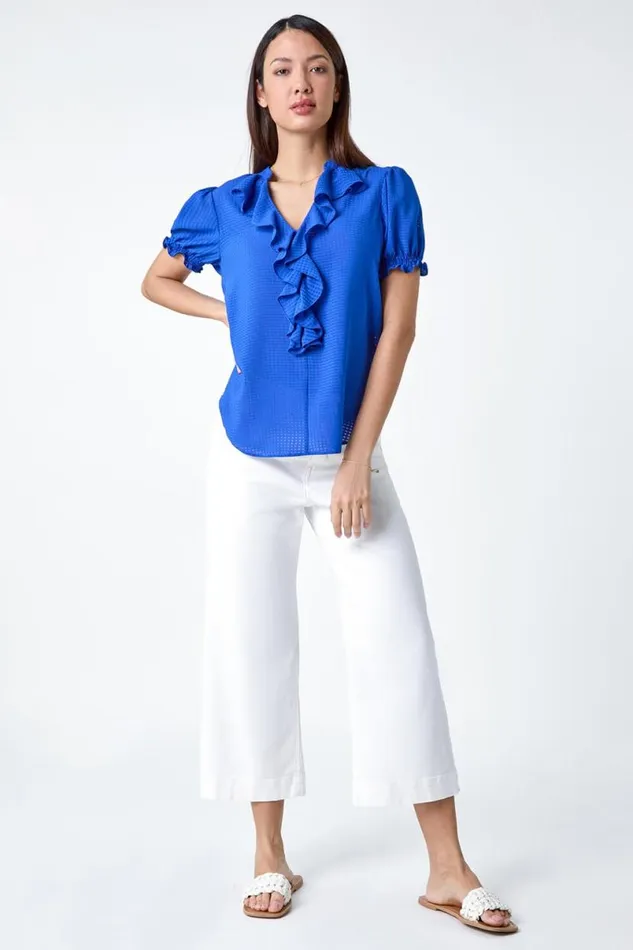 Royal Blue Waffle Textured VNeck Frill Detail Top Women Roman Tops