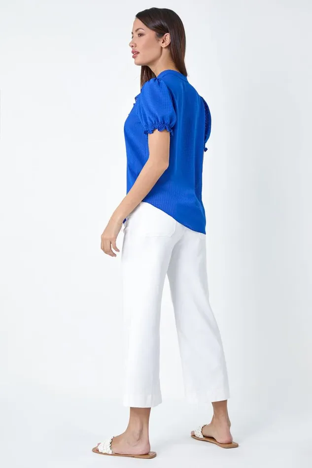 Royal Blue Waffle Textured VNeck Frill Detail Top Women Roman Tops