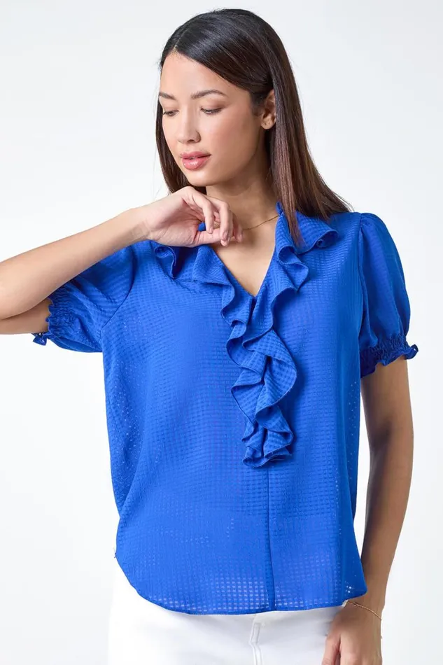Royal Blue Waffle Textured VNeck Frill Detail Top Women Roman Tops
