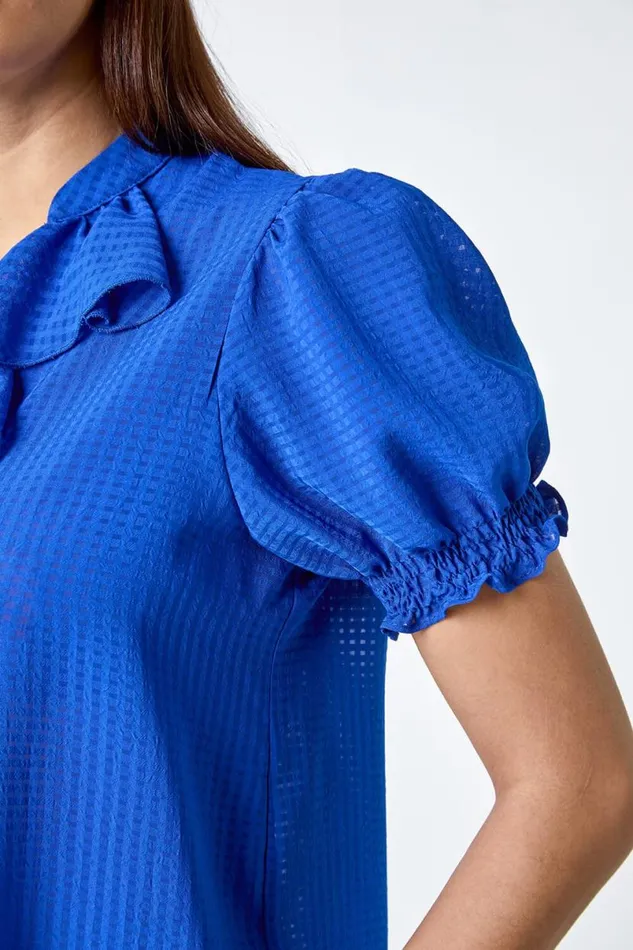 Royal Blue Waffle Textured VNeck Frill Detail Top Women Roman Tops
