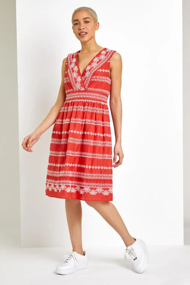 Rust Broderie Detail Fit and Flare Day Dress Women Roman Dresses