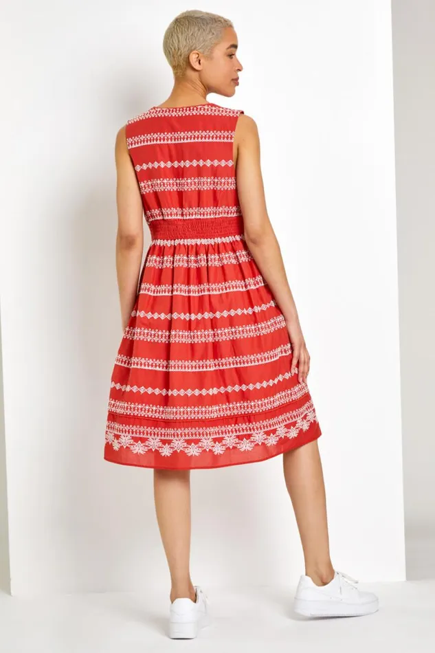 Rust Broderie Detail Fit and Flare Day Dress Women Roman Dresses