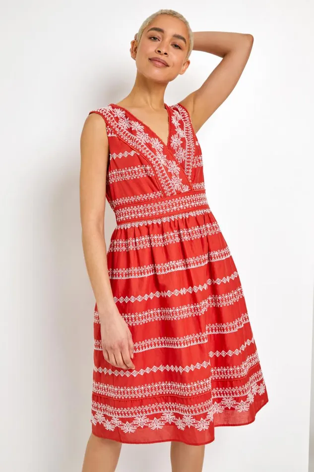 Rust Broderie Detail Fit and Flare Day Dress Women Roman Dresses
