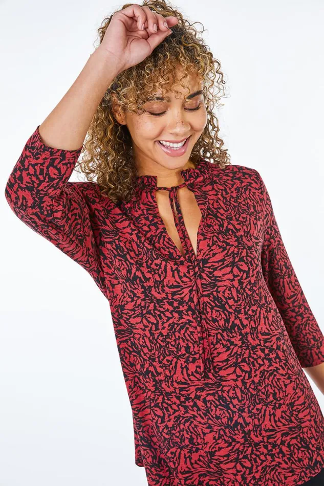 Rust Petite Animal Print Frill Neck Top Women Roman Tops