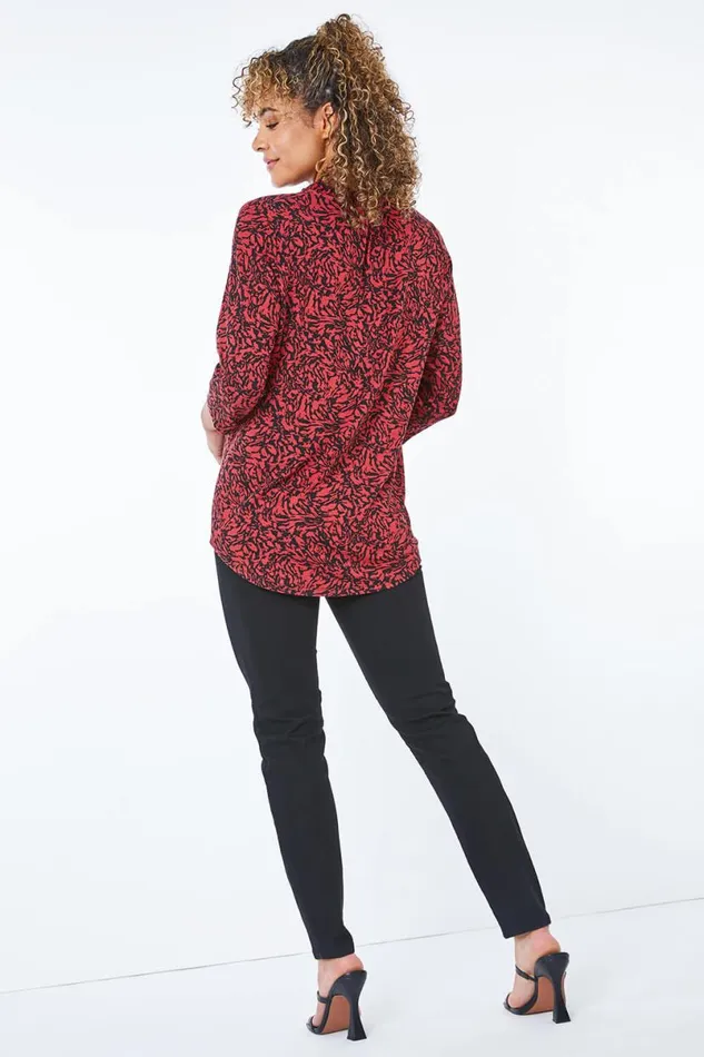Rust Petite Animal Print Frill Neck Top Women Roman Tops