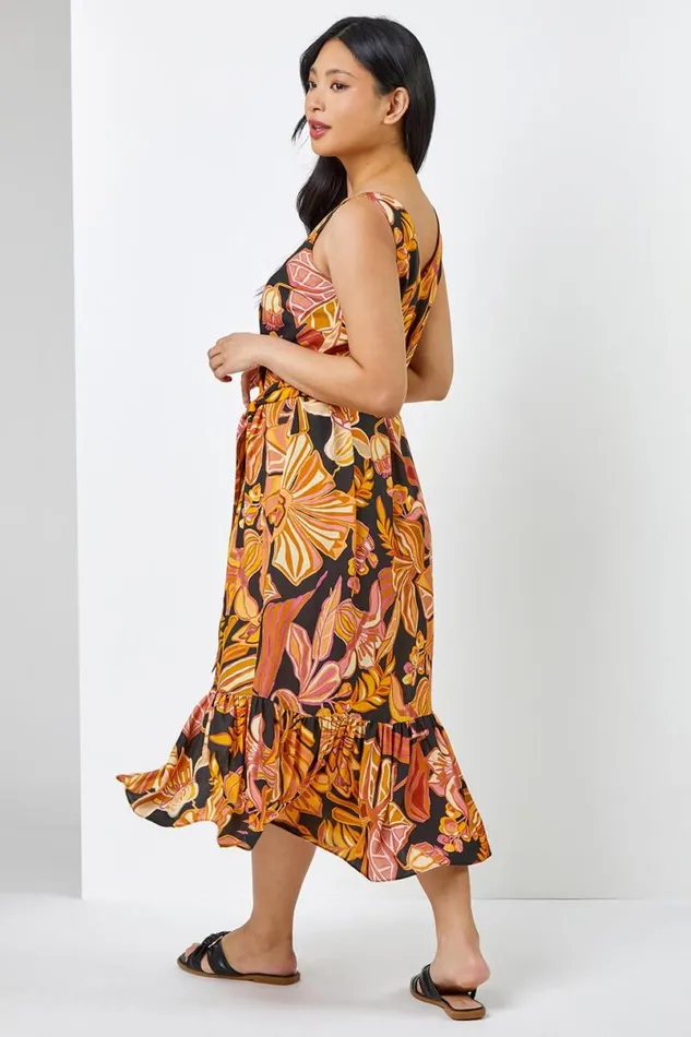 Rust Petite Floral Print Tiered Dress Women Roman Dresses
