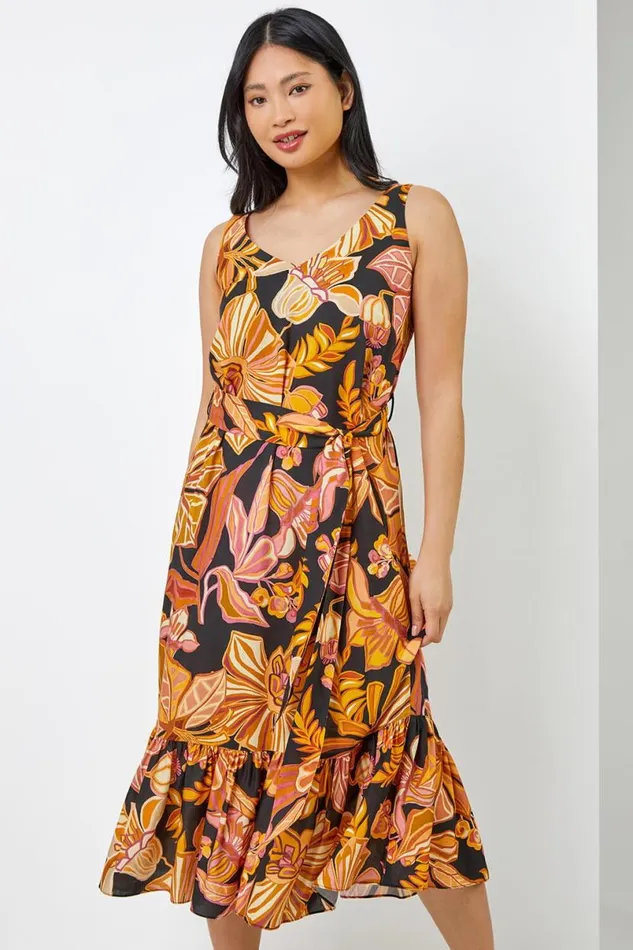 Rust Petite Floral Print Tiered Dress Women Roman Dresses