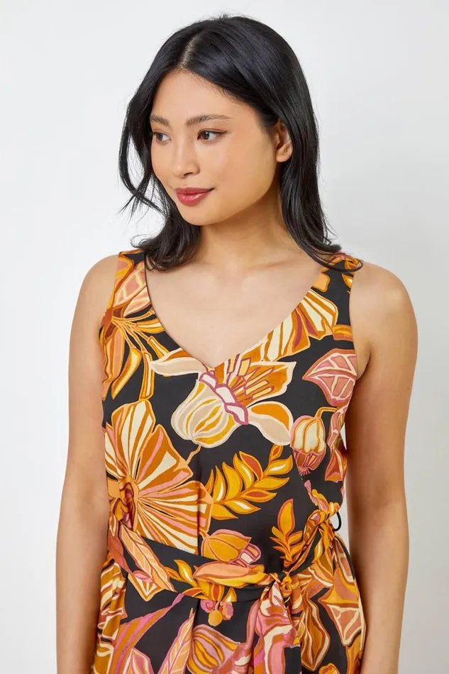 Rust Petite Floral Print Tiered Dress Women Roman Dresses