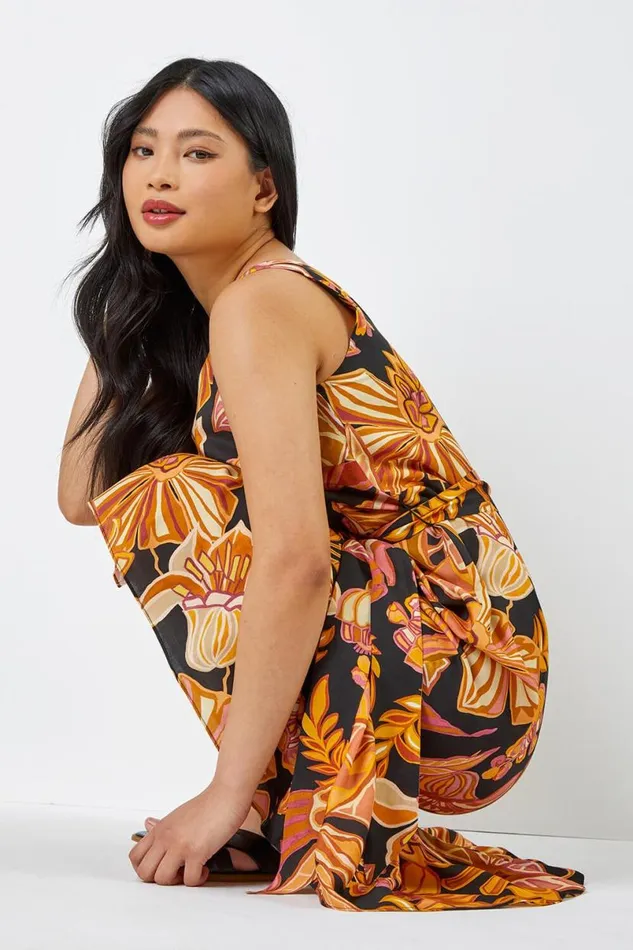 Rust Petite Floral Print Tiered Dress Women Roman Dresses