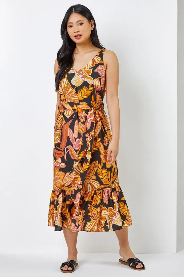 Rust Petite Floral Print Tiered Dress Women Roman Dresses
