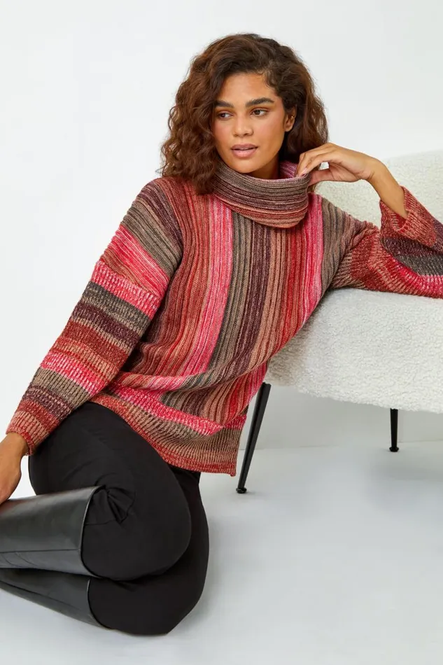 Rust Textured Roll Neck Ombre Knitted Jumper Women Roman Knitwear