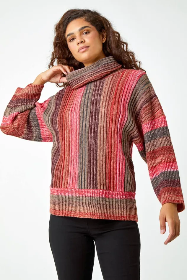 Rust Textured Roll Neck Ombre Knitted Jumper Women Roman Knitwear