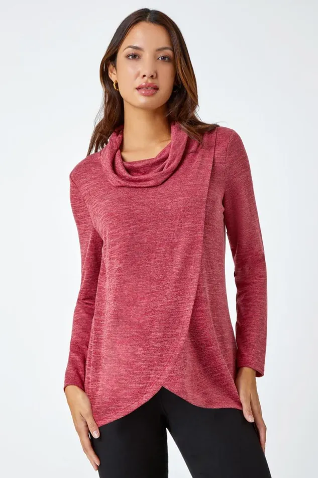 Rust Wrap Front Cowl Neck Stretch Top Women Roman Tops