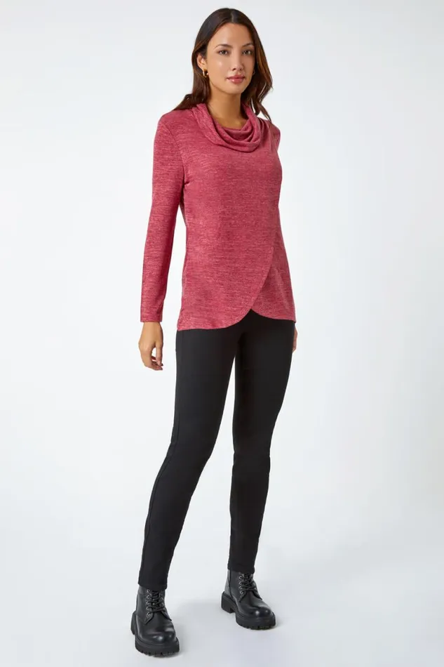 Rust Wrap Front Cowl Neck Stretch Top Women Roman Tops