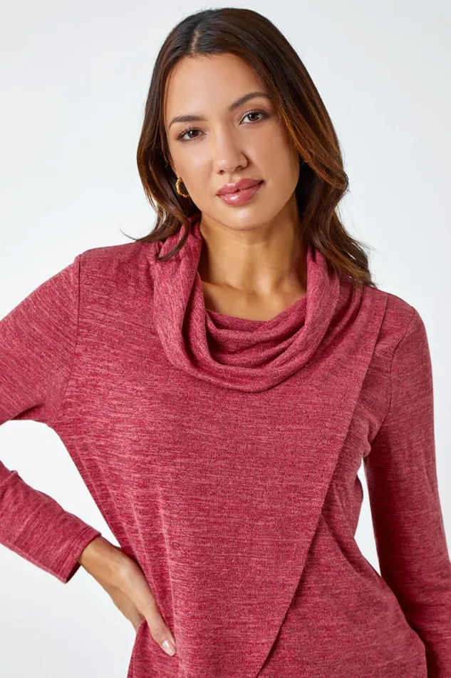 Rust Wrap Front Cowl Neck Stretch Top Women Roman Tops