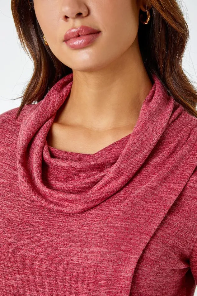 Rust Wrap Front Cowl Neck Stretch Top Women Roman Tops