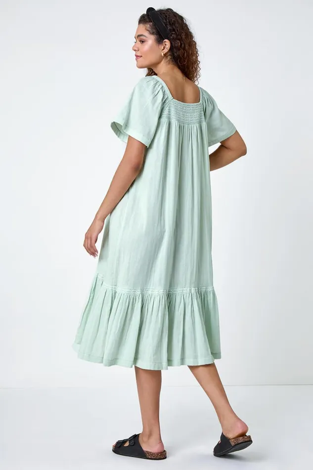 Sage Embroidered Cotton Midi Smock Dress Women Roman Dresses