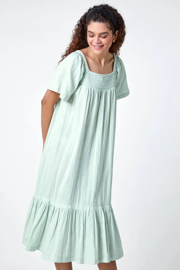 Sage Embroidered Cotton Midi Smock Dress Women Roman Dresses