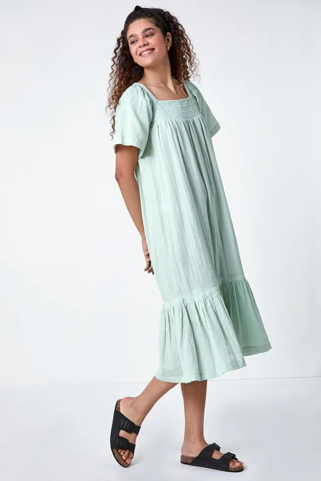 Sage Embroidered Cotton Midi Smock Dress Women Roman Dresses