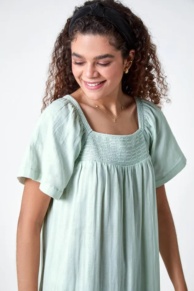 Sage Embroidered Cotton Midi Smock Dress Women Roman Dresses