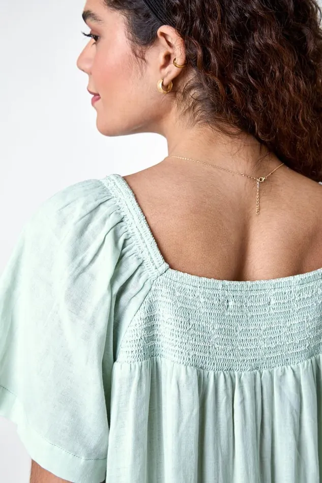 Sage Embroidered Cotton Midi Smock Dress Women Roman Dresses