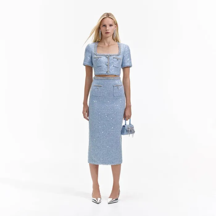 Self Portrait Bottoms Blue Sequin Boucle Midi Skirt 8211 Women