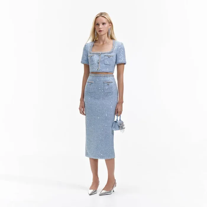 Self Portrait Bottoms Blue Sequin Boucle Midi Skirt 8211 Women