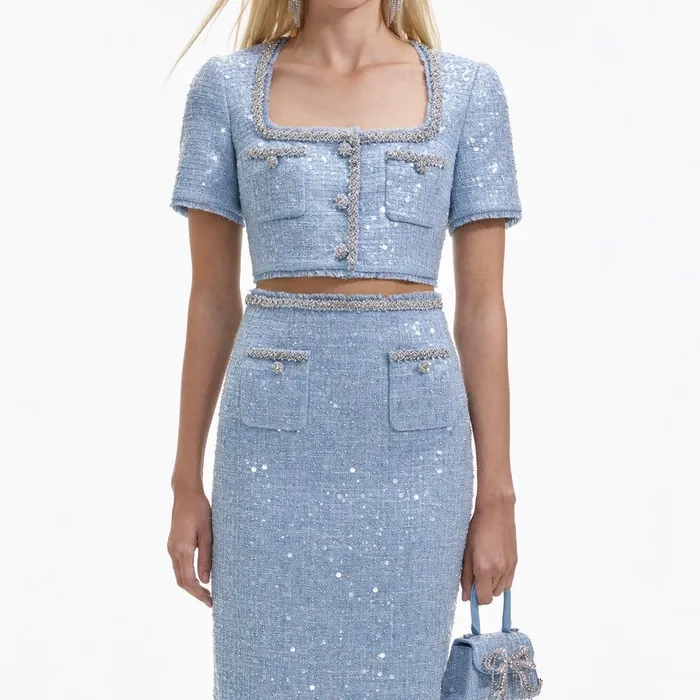 Self Portrait Bottoms Blue Sequin Boucle Midi Skirt 8211 Women