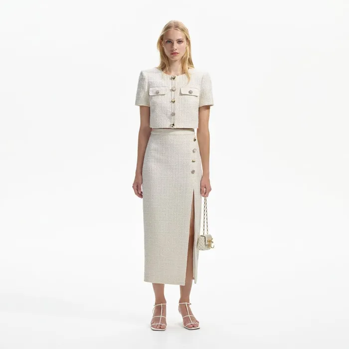 Self Portrait Bottoms Cream Boucle Midi Skirt 8211 Women