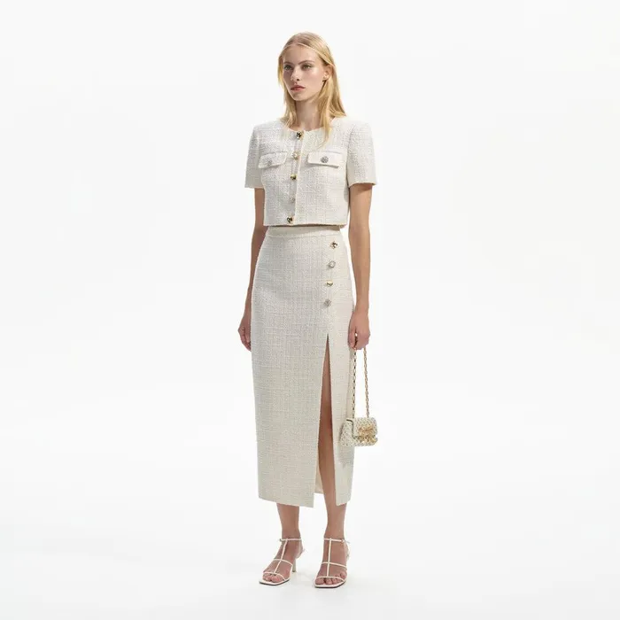 Self Portrait Bottoms Cream Boucle Midi Skirt 8211 Women